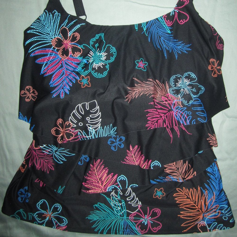 NWT Coco Reef Aura Ruffle Tankini top, black w bright aloha floral, size 34DD